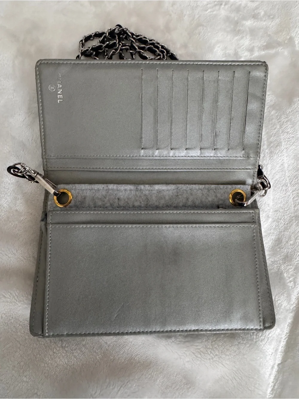 Authentic Chanel Black Camellia Quilted Leather Chain Wallet